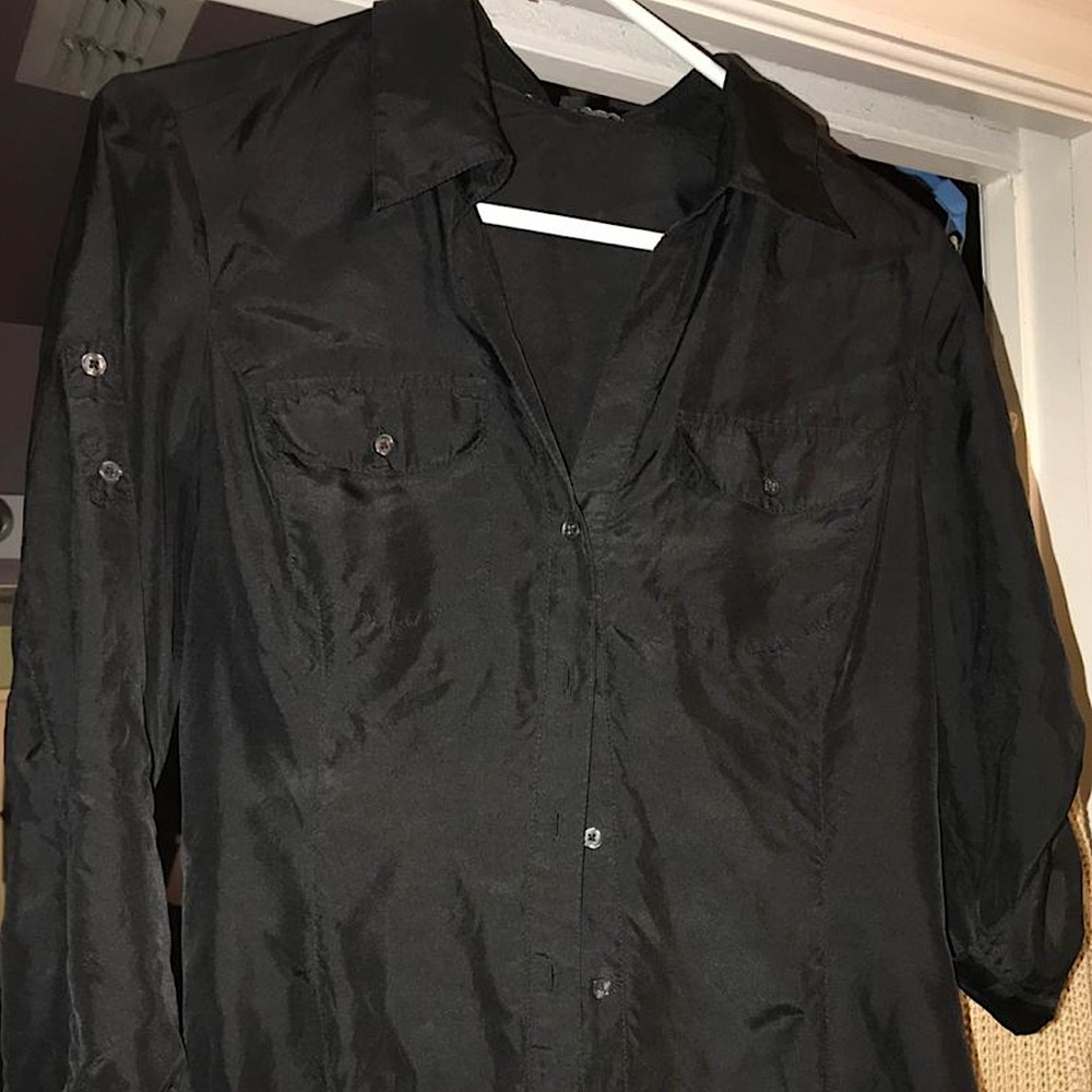 Express Silk Button-Up Top With Adjustable Sleeves (Contoured for Women)